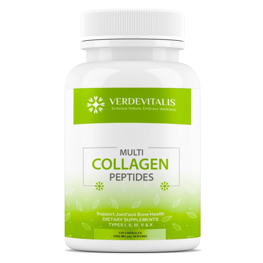 Multi Collagen Peptide Kapseln -Non-GMO&Gluten Free Type I, II, III, V, X Hydrolyzed Collagen Ergänzungen mit Vitamin C - Unterstützt gesundes Haar, Haut, Nägel, & Gelenke - 120 CPS
