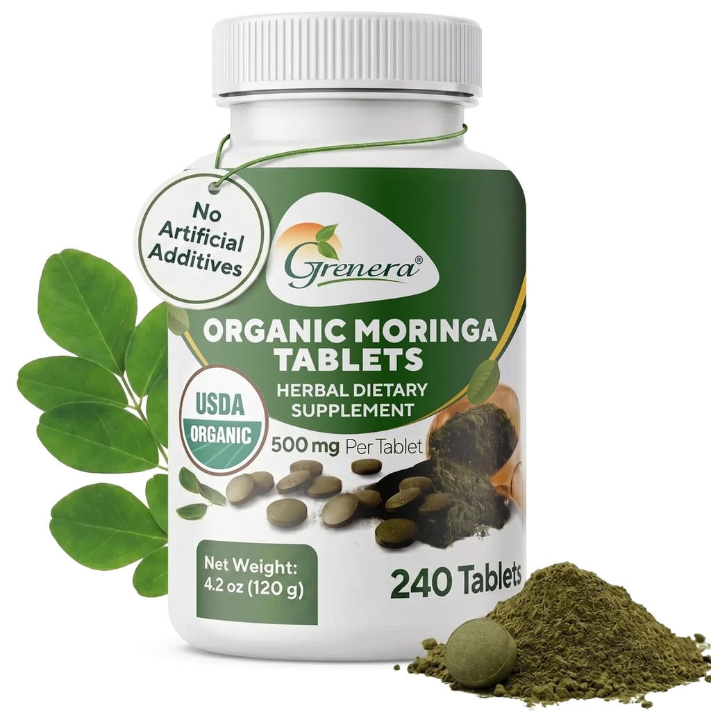 Grenera Moringa Tablets 240 nos, Unbeschichtete Malunggay Kräuterergänzung, keine chemische Beschichtung, grüne Superfood, Lab Getestet für Reinheit