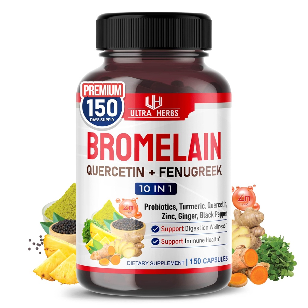 Bromelain Supplement mit Quercetin, Zink, Fenugreek, Turmeric, Ginger, Black Pepper & Probiotics - Unterstützt Verdauung, Joint Health & Nährstoff Absorption | 150 Kapseln