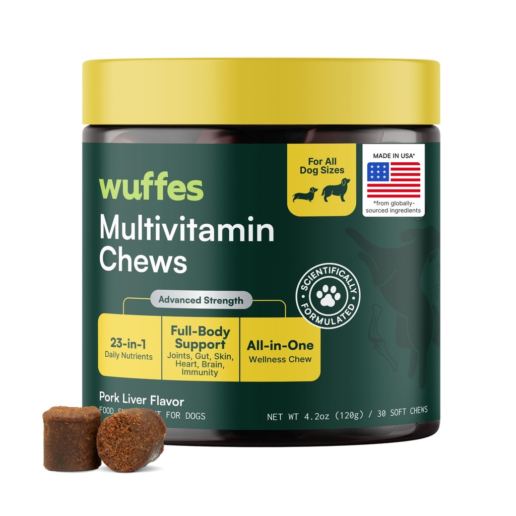 Wuffes 23-in-1 Hunde Multivitamin Ergänzung für Hip & Joint, Haut & Coat und Immunsystem Unterstützung mit Omega 3, Eisen, Zink, Vitamin C - Mineralien & Vitamine für Senior Dogs und Welpen - 30 Soft Chews