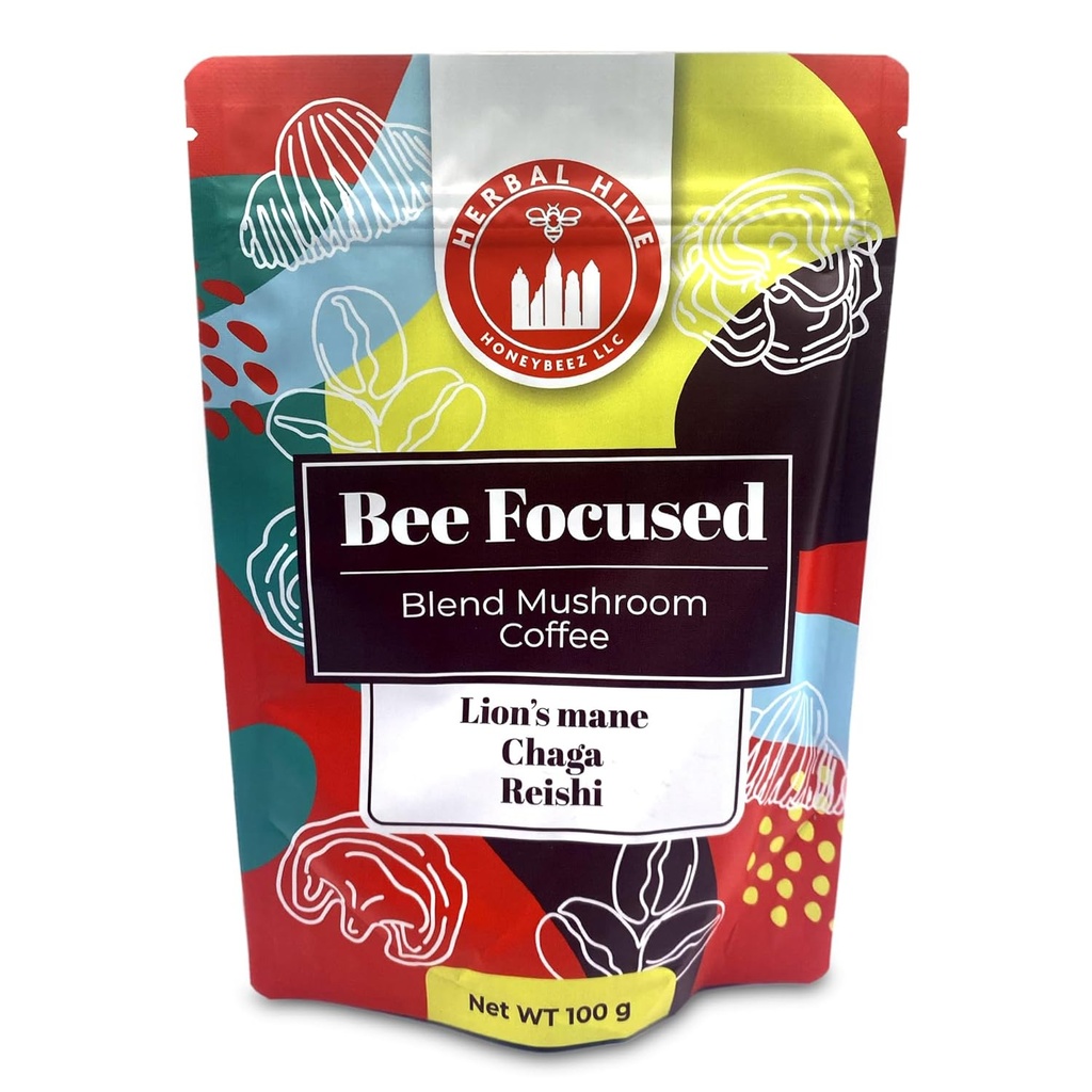 Pilz Kaffee von Kräuter Hive Bee Fokused Inklusive Adaptogens Reishi, Lion's Mane und Chaga Superfood Low Acid Instant 30 Servierungen (3,5 Unzen, Dark Roast)