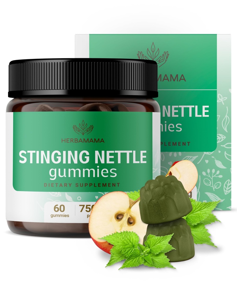 HERBAMAMA Stinging Nettle Gummies - 7500mg Stinging Nettle Root Extract for Urinary Tract Support for Women & Men - Vegan, Supplément Urtica Dioica non-GMO - 60 Pectines à base de pommes