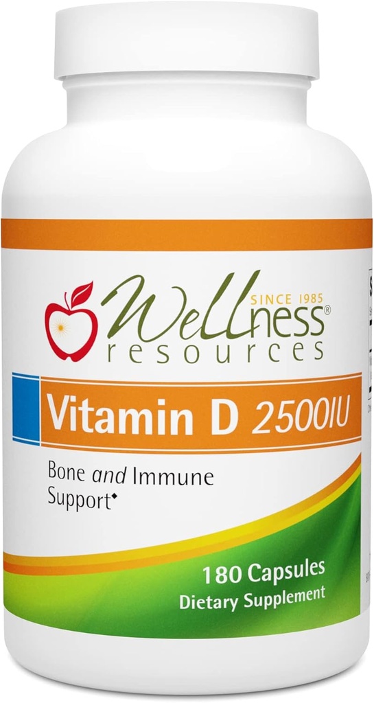 Ressources de bien-être Vitamine D - 2 500 UI de vitamine D3 sans soja (180 capsules de légumes)