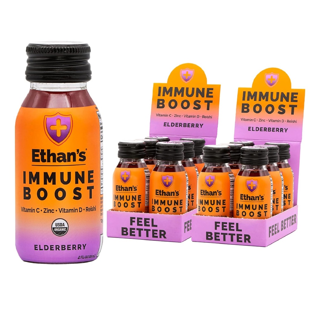 Ethan's Organic Immune Boost Shots, Elderberry Flavor. Fühl dich besser. Immunitätsunterstützung, Hergestellt mit echten Früchten, Vitamin C, Vitamin D, Reishi, Zink, mit keinen zusätzlichen Zucker (12 Packung mit 2oz Schüsse)