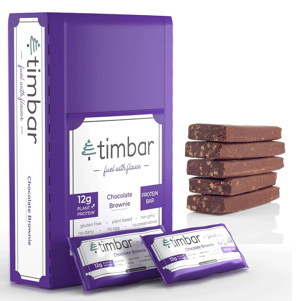 timbar Protein Bars 12 Pack | 12g Protein & 9g Fiber Plant Based- Energy & Nut Bars | Glutenfrei, Non-GMO, Dairy Free, Gesunde On-the-Go Snack & Meal Ersatz (12 Packs, Chocolate Brownie)
