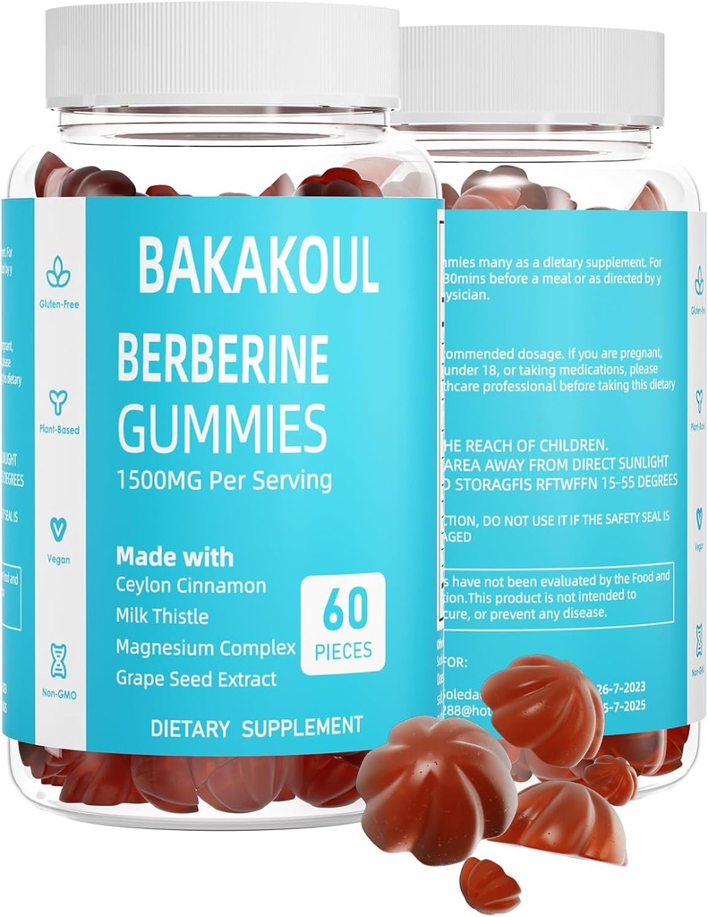 Berberine mit Ceylon Cinnamon Gummies, Sugar-Free Berberine 1500 mg und Ceylon Cinnamon 500 mg, High Potency Berberine Gummies mit Magnesium Complex und Milchdistel, 60 Gummies