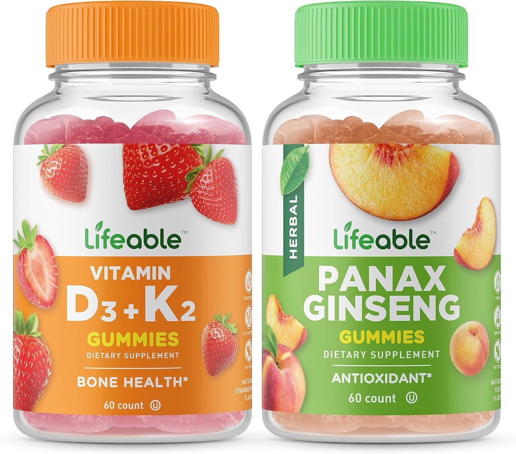 Vitamine vivante D3 + Vitamine K2 + Ginseng panax, Gommies - Grande dégustation, supplément de vitamine, sans gluten, sans OGM, gommy à croquer
