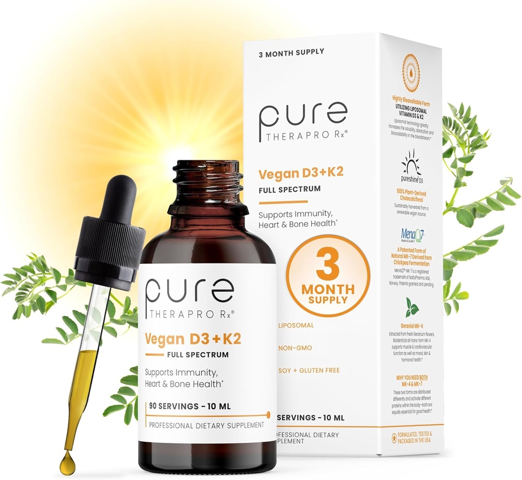 Pure Therapro Rx Vegan D3 + K2 Organic 100 % Liposomal 10ml Fabriqué aux États-Unis. 3 mois d'approvisionnement.