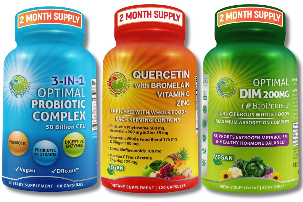 Vegan Hormonal, Immun- & Gut Health Support Bundle – Quercetin 500mg mit Bromelain, Zink & Vitamin C + DIM 200mg mit BioPerine® + 3-in-1 Probiotic 50 Billion CFU mit Verdauungsenzymen & Prebiotics