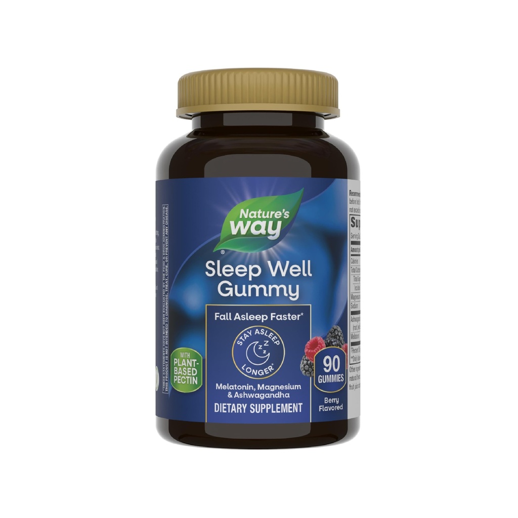 Nature Way Dormez bien Mélatonine et Gommies de magnésium, Soutien au sommeil pour adultes*, avec Ashwagandha, Berry Flavored, 90 Gommies