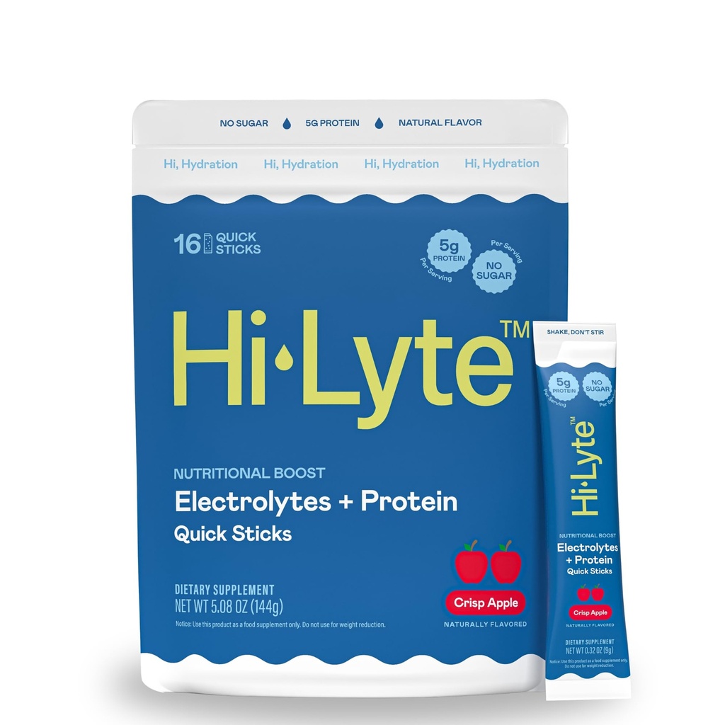 Hi-Lyte Electrolytes + Protéines Quick Sticks Crisp Apple, 16 portions - Sodium, Potassium, Protéines de lactosérum - Keto Friendly - 5g Protéines, Pas de sucre