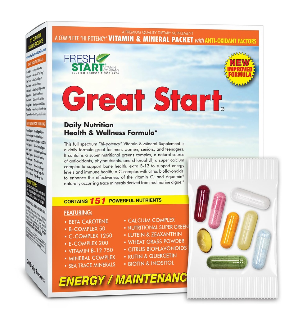 Great Start Complete Daily Vitamin Pack (Energy & Essentials) Vitamine A, B, C, D, E, B12, Biotine, Minéraux, Calcium, Magnésium, Zinc, Super Greens (30 Packets)