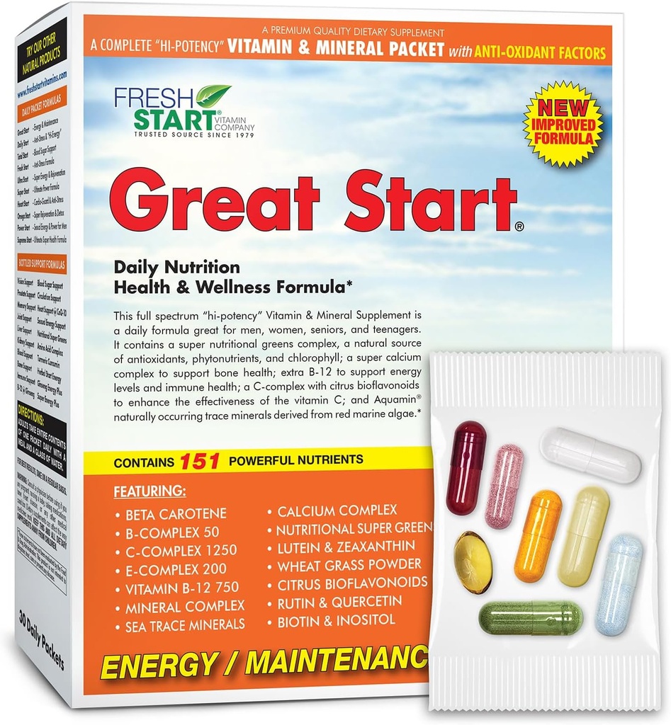 Great Start Complete Daily Vitamin Pack | Energy & Essentials | Vitamin A, B, C, D, E, B12, Biotin, Minerals, Calcium, Magnesium, Zinc, Super Greens (30 Packets)