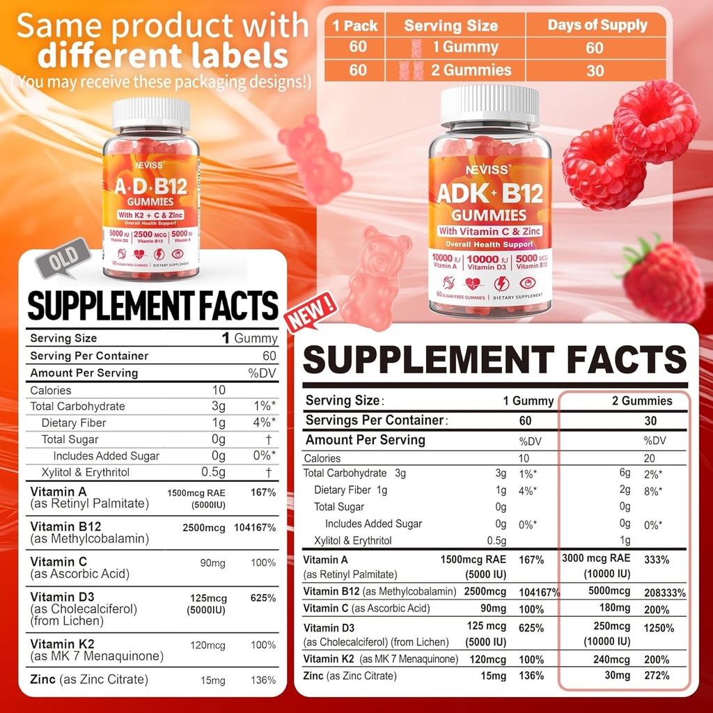 NEVISS 2Pack Vitamin ADK mit B12 Gummi + 1Pack Glucosamin gefüllte Gummis