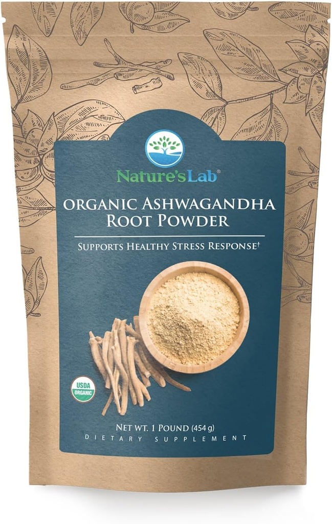 Nature's Lab Organic Ashwagandha Root Powder - 1lb Tasche (227 Servierungen)
