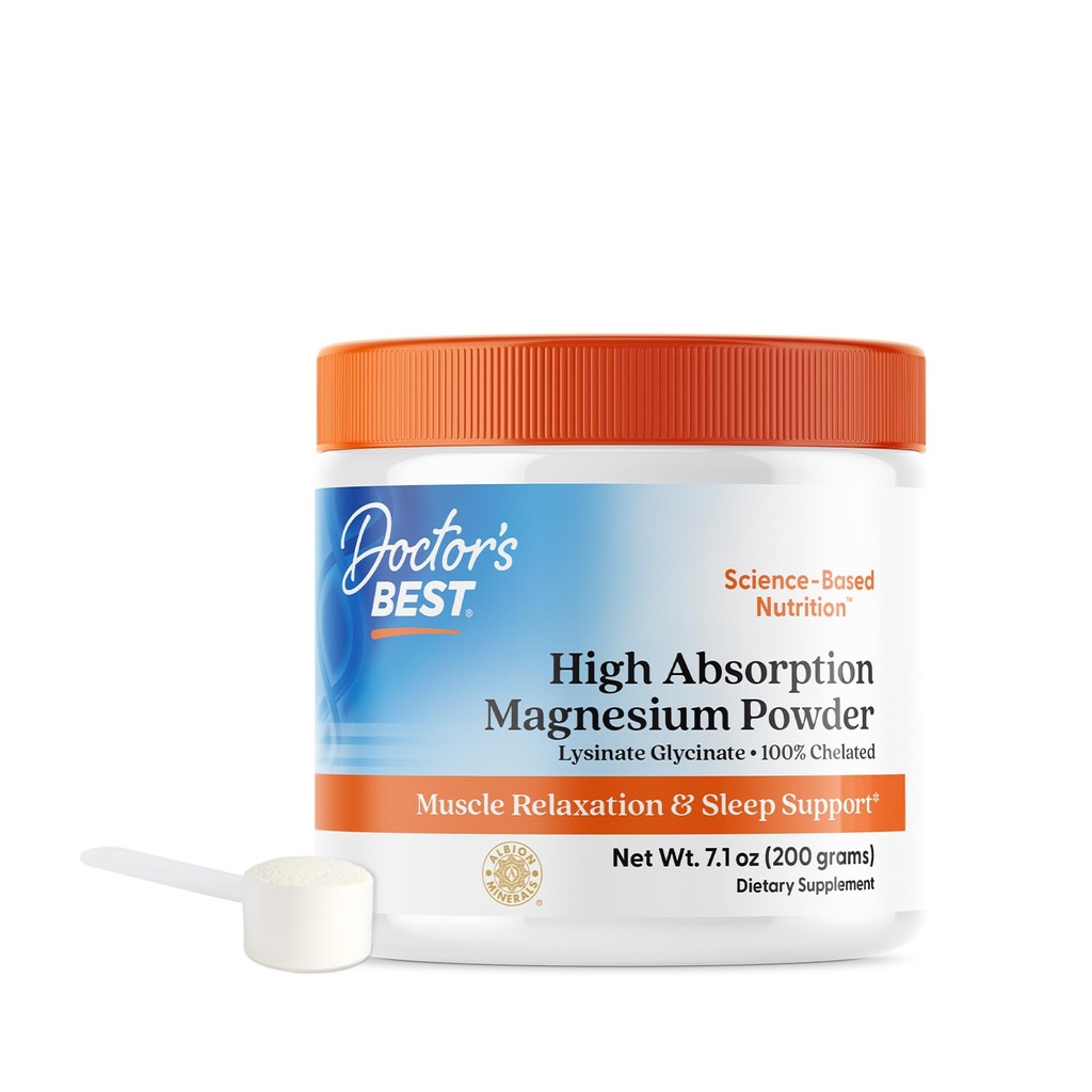 Doctor's Best High Absorption Magnesium Pulver, Weiß, 100% Chelat TRACCS, Nicht gepuffert, Kopfschmerzen, Schlaf, Energie. Non-GMO, Vegan, Glutenfrei, 200G, 7.1 Unze (Pack mit 1)