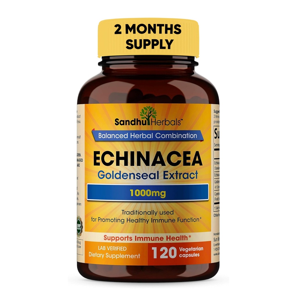 SANDHUHERBALS Sandhu Kräuter Echinacea Goldenseal 1000 Mg 120 Kapseln | Immunsystem Unterstützung Atmungsreaktion Entzündungsreaktion Ergänzung