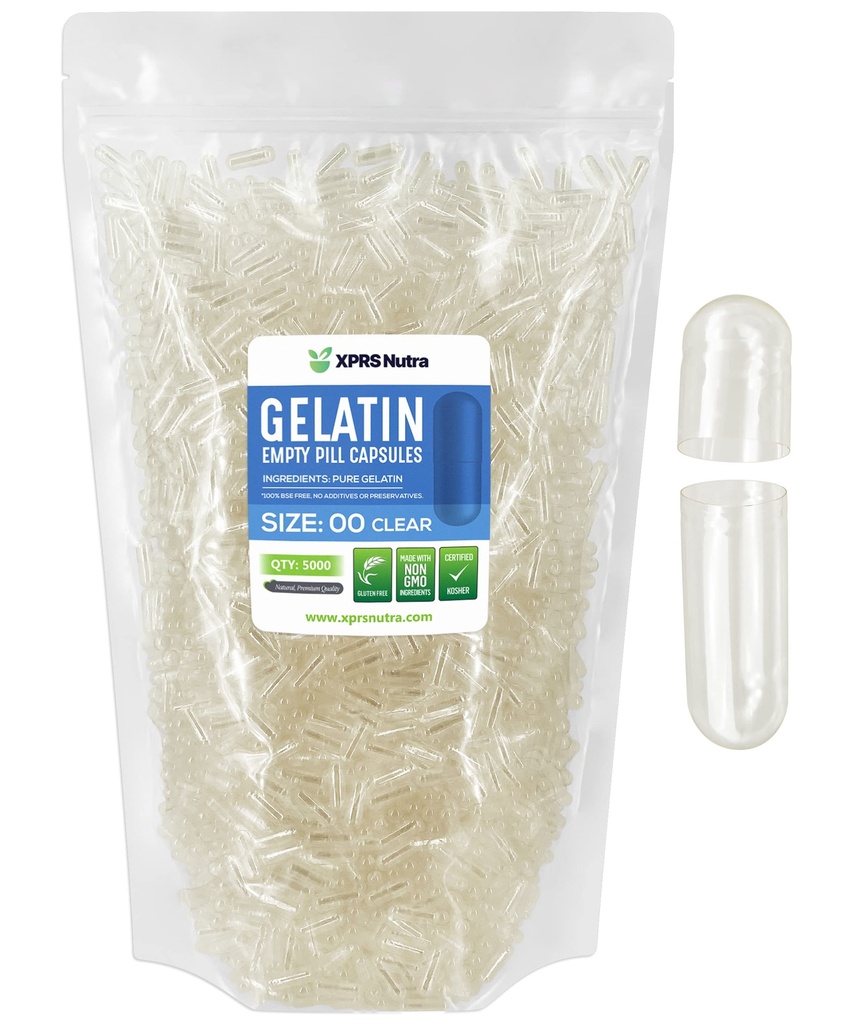 XPRS Nutra Größe 00 Leere Kapseln - 5000 Graf Klare leere Gelatine Kapseln - Pillen DIY Kapsel Füllung - Füllbare Pillen Gel Kapseln für tun Sie es selbst ergänzt