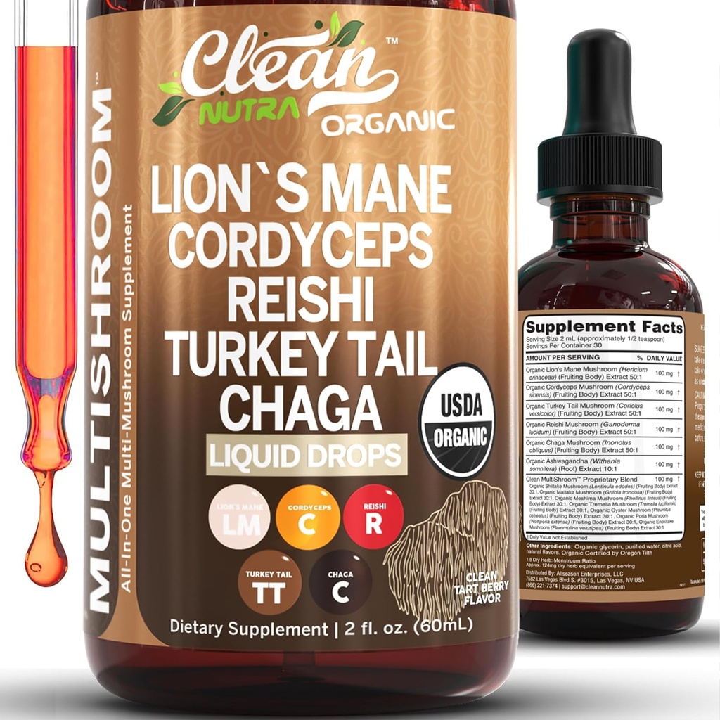 Bio Lions Mane Mushroom Supplement Flüssige Tropfen + Türkei Tail Cordyceps Reishi Chaga Shitake Maitake Tremella Oyster Mushrooms Poria und Enokitake Complex Blend by Clean Nutra