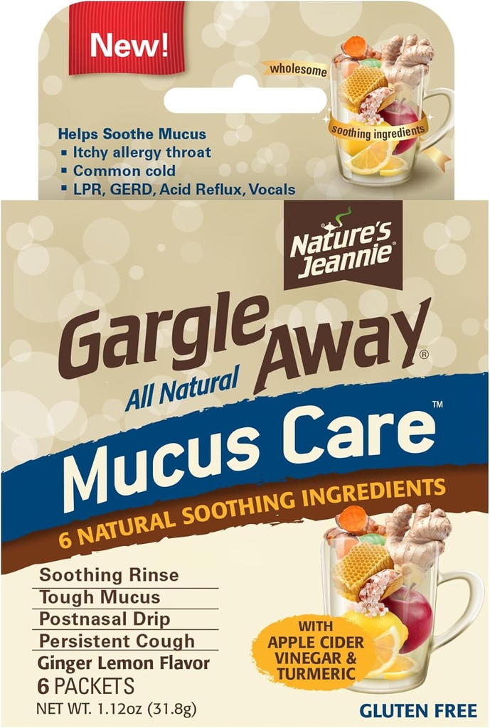 Gargle Away by Nature's Jeannie All Natural Mucus Care- Beruhigt Mucus, Post Nasal Drip, Persistent Cough, 6 Packungen, Ginger Lemon Flavor