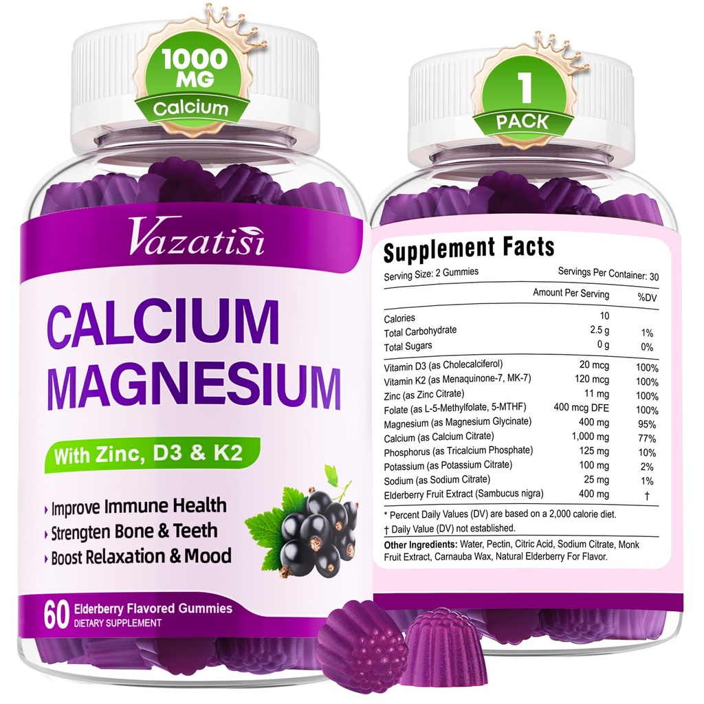 Calcium Magnesium Zink-Gummien mit Vitamin D3 und K2, hohe Absorption Magnesium-Glycinat-Kalium für Immun- und Muskeln, Veganerbeeren Geschmack 60 Gummi