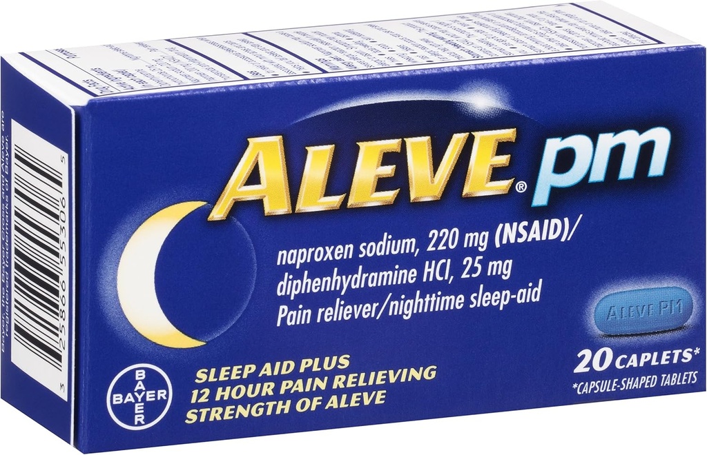 Aleve PM Caplets, Naproxen Sodium 220 mg (NSAID)/Diphenhydramin HCl 25 mg, Pain Reliever/Nighttime Sleep-Aid, Non-Habit Forming, 20 Count