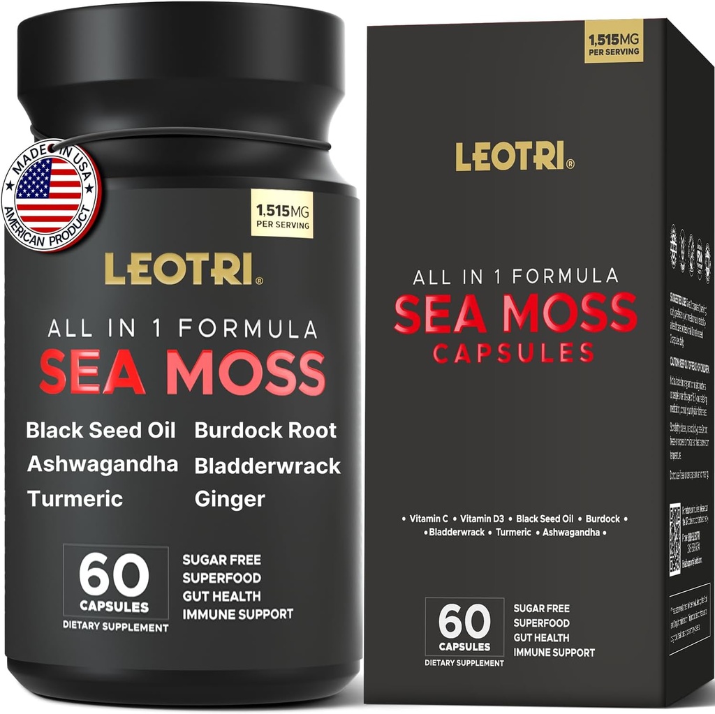 Organic Irish Sea Moss Capsules: Sea Moss 10500mg Black Seed Oil 6000mg Turmeric 3000mg Ashwagandha 3000mg Bladderwrack 3000mg Burdock Root 3000mg Ginger für Skin Gut Health Superfood 60 Kapseln