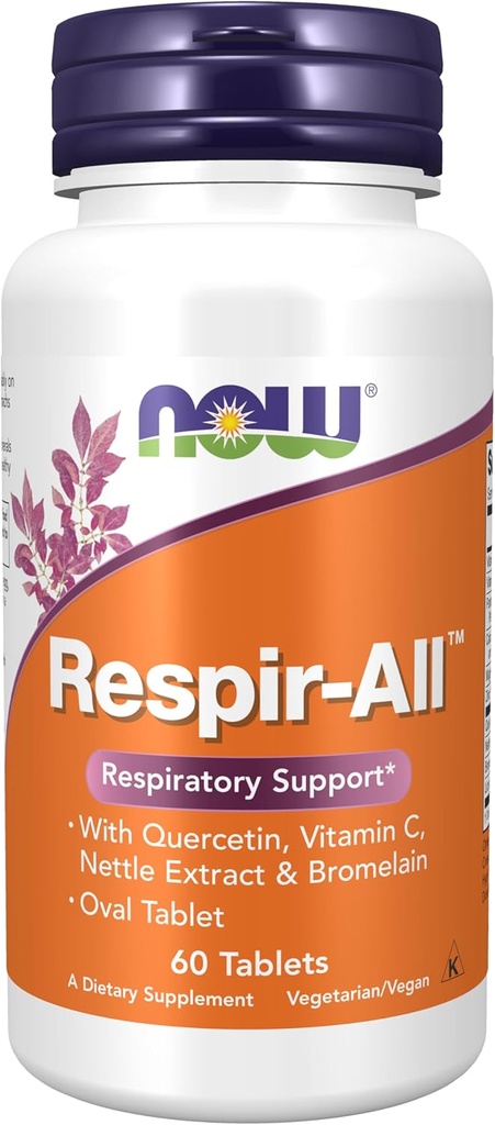 MAINTENANT Suppléments, Respir-AllTM avec Quercetin, Vitamine C, Extrait de lait et Bromelain, Soutien respiratoire*, 60 comprimés