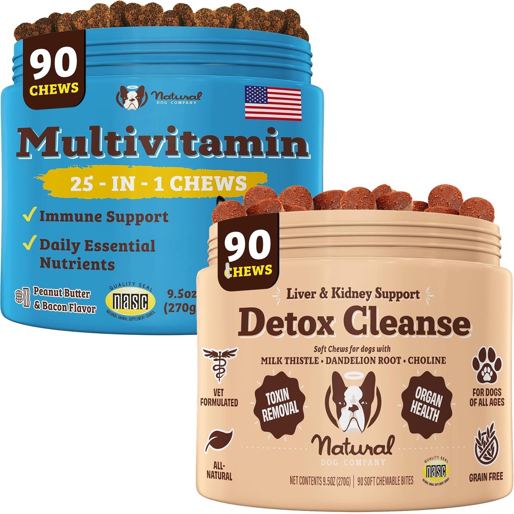 Natural Dog Company Multivitamin & Liver & Kidney Chews Bundle - Umfassende Gesundheitsunterstützung für Senior Dogs, fördert Entgiftung, Verbesserte Verdauung, Radiant Skin & Coat, einfach zu verabreichen