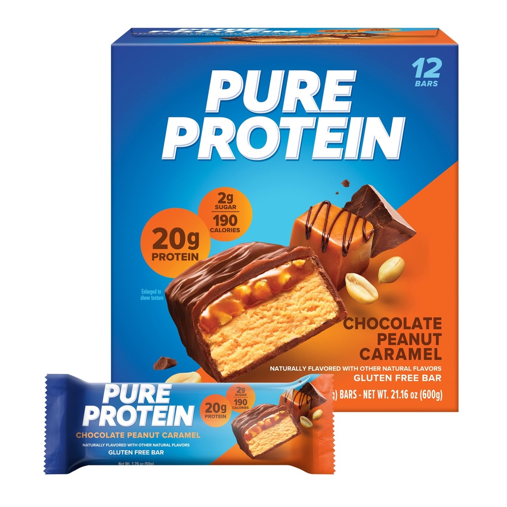 Barres de protéines pures, haute protéine, collations nutritives pour soutenir l'énergie, faible sucre, sans gluten, caramel d'arachide de chocolat, 1,76oz, 12 Compte (paquet de 1) (paquet de mai vary)