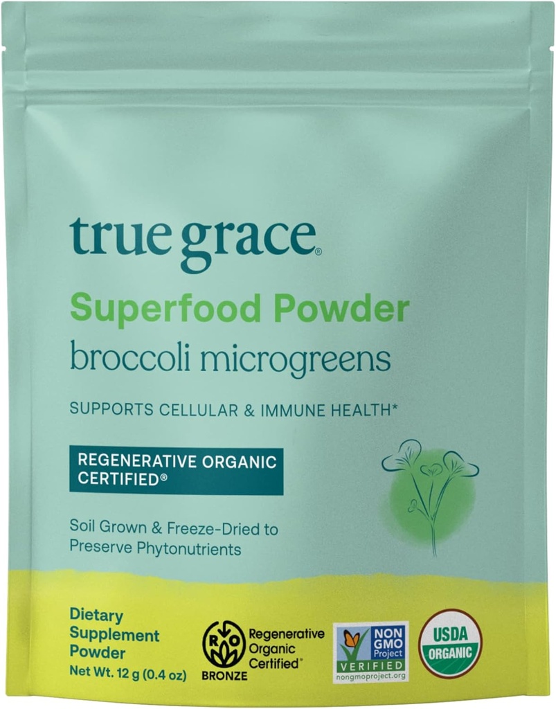 True Grace Broccoli Microgreens - 0.4 oz - Daily Superfood Powder for Cellular & Immune Health - Gluten & Soy Free, Vegan, Regenerative Bio zertifiziert - 30 Servierungen
