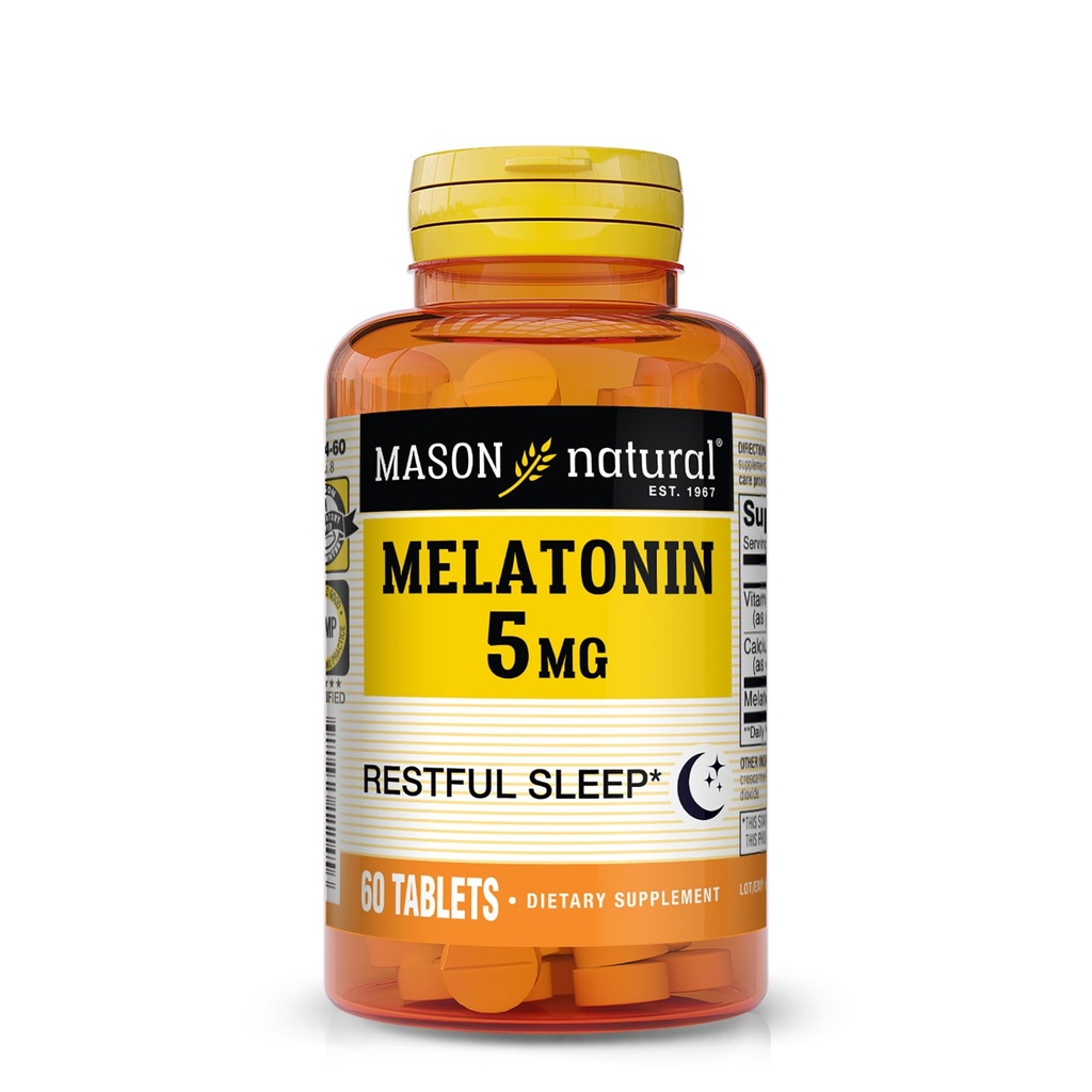 Mason Natural Melatonin 5 mg mit B6 & Kalzium, Natürliche Schlafhilfe, unterstützt restful Schlaf, 60 Tabletten