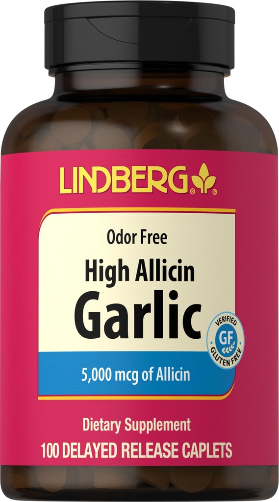 Lindberg Knoblauch Ergänzung Pillen | 500mg | 100 Caplets | Odorless mit High Allicin (5000mcg) | Allium Sativum Extract | Non-GMO, Glutenfrei