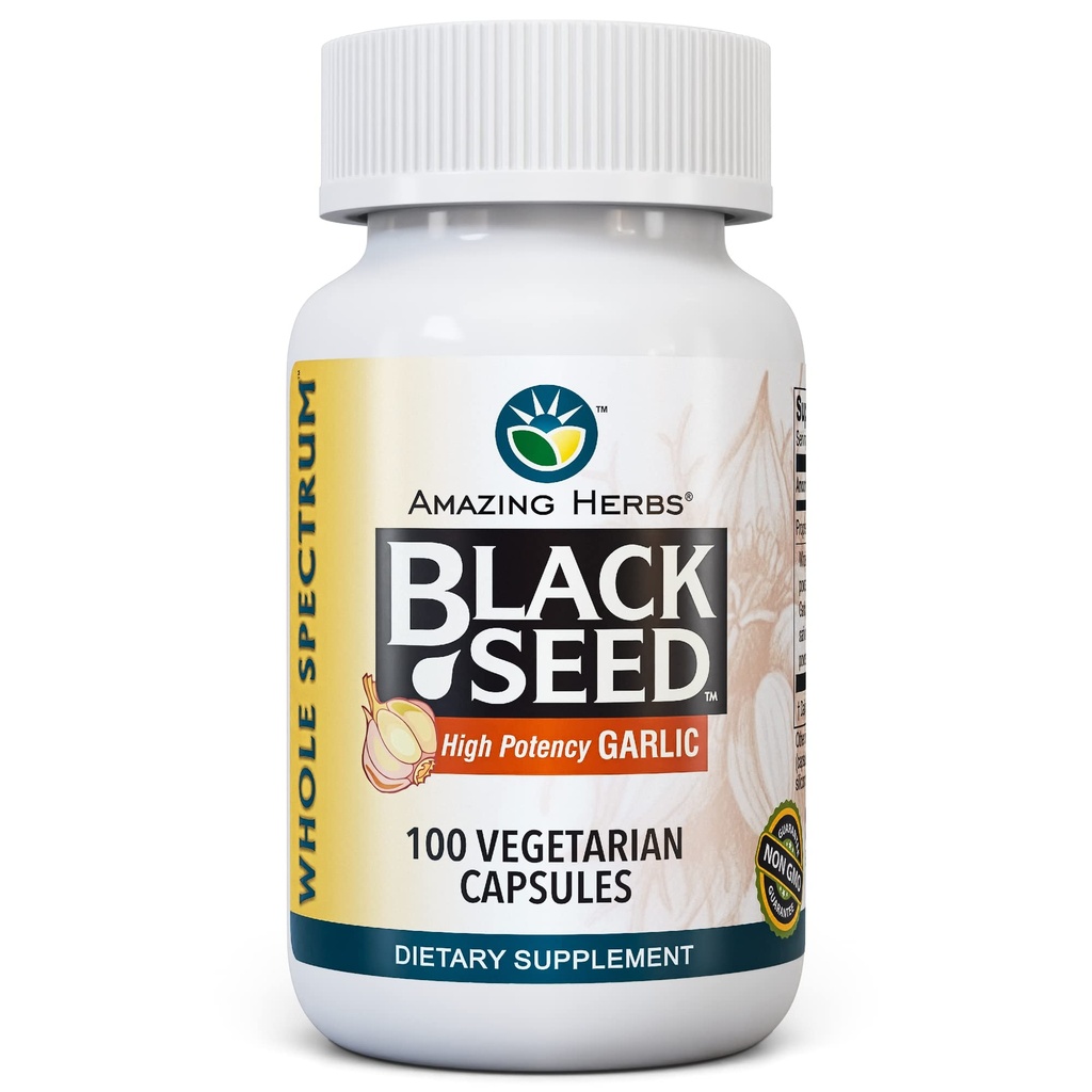 Erstaunliche Kräuter Ganzes Spektrum Schwarz Seed & Hohe Potenz Knoblauch, Vegetarische Kapseln - Glutenfrei, Non-GMO, Vegan, Unterstützt Immunsystem, Lung Function, & Cardiovascular Health - 100 Count