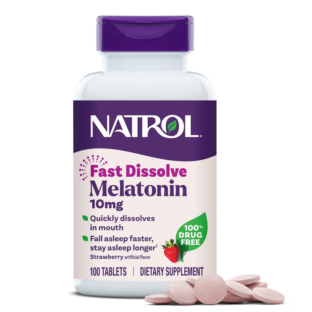 Natrol Melatonin 10mg Comprimés à dissolution rapide - Fraise, 100 Compte, Soutien du sommeil, Melatonine à dissolution rapide pour les adultes, 100 jours d'approvisionnement