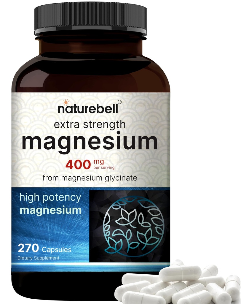 NatureBell Magnesium Glycinate 400mg Elemental, 270 Kapseln | 100% Chelat für hohe Absorption | Unterstützt Muskel-, Knochen- und Herzgesundheit | Non-GMO, Glutenfrei, Vegan