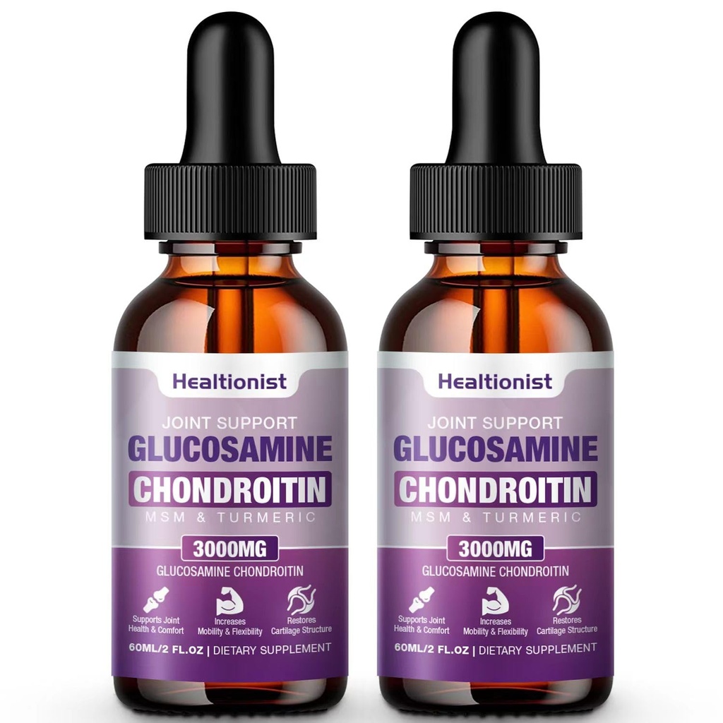 2 Pack Glucosamin Chondroitin MSM Flüssigkeitstropfen, Extra Strength Joint Support Supplement für Erwachsene Männer und Frauen, Quercetin Boswelia, Bromelain, Antioxidans Immununterstützung (4 Fl oz)