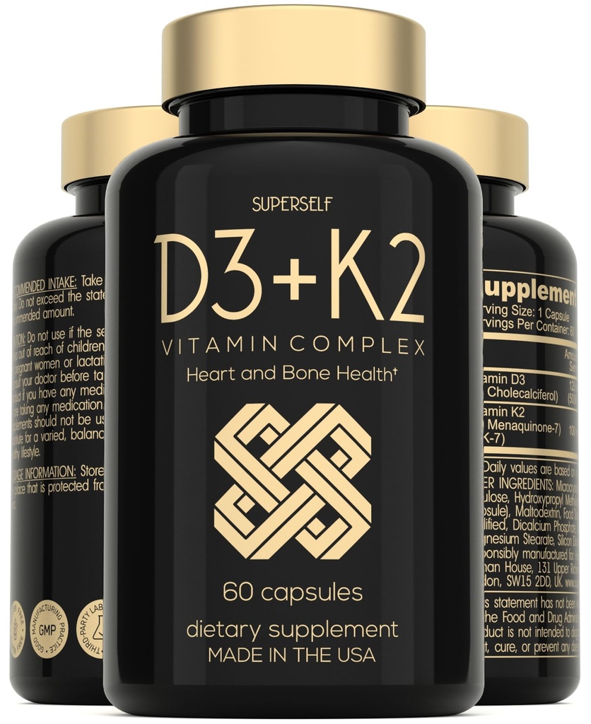 SuperSelf Vitamin D3 K2 Capsules - Vitamin D3 5000 IU and Vitamin K MK7 100mcg - 60 Capsules - USA Made Vegetarian Vitamin D Supplement - High Strength VIT D for Bones, Muscle, Teeth, Immune System