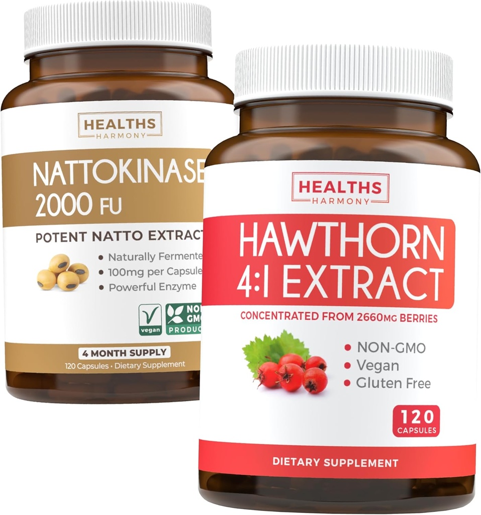 Nattokinase & Hawthorn (4-Monats-Versorgung) Nattokinase Berry Harmony - Nattokinase 2000 FU Leistungsstarke natürlich ernährte Sojabohnen (4-Monats-Versorgung) & Hawthorn Berry 4:1 Extrakt - Vegan und Non-GMO