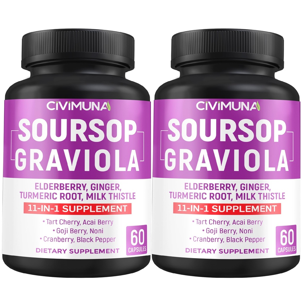 Soursop Graviola Kapseln mit Elderberry, Kurkuma und mehr - 120 Kapseln für 4 Monate Versorgung (Pack von 2)