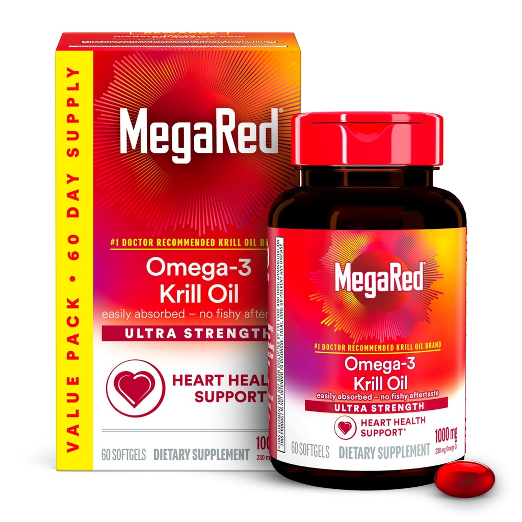 MegaRed Ultra Strength 1000mg Omega-3 Krill Oil Supplement mit EPA / DHA, Astaxanthin & Phospholipide, kein Fischöl Nachgeschmack unterstützt Herz, Gehirn, Gelenk- und Augengesundheit, 60 Count Softgels.