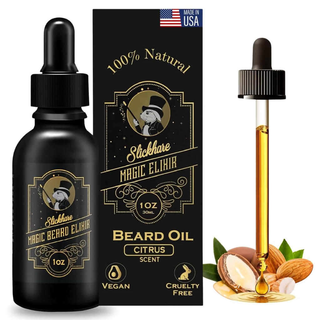 Slickhare Bartöl für Männer | Alle natürlichen, organischen Bart & Schnur Wachstumsöl für Männer | 1 Fl oz Pack von 1, Made in USA | Geschenke für Männer, Boyfriends Husband | Citrus Duft Bart Weichspüler für Männer