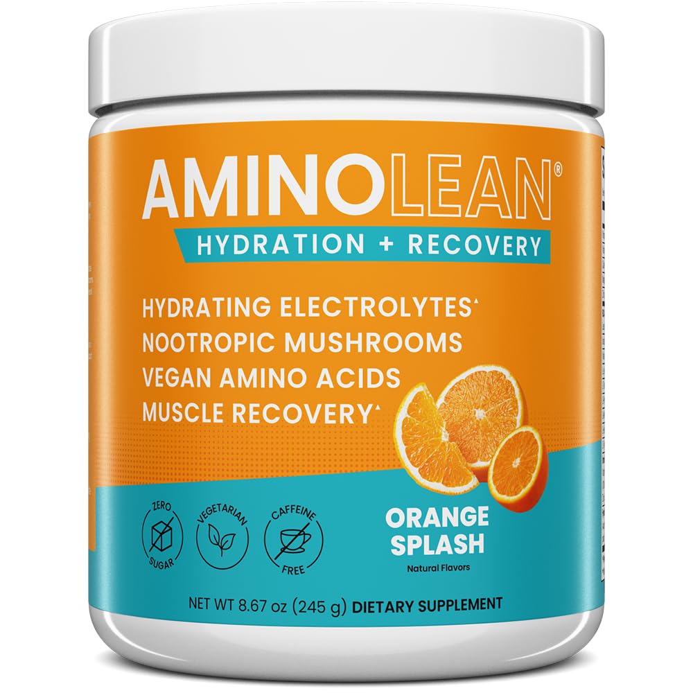 AminoLean Hydrating Elektrolyt-Pulver und Erholungsgetränk mit Meeresmineralien, Nootropen Pilzen, und Vegan Aminosäuren, BCAAs + EAAs für Post Workout Muscle Building, Orange Splash