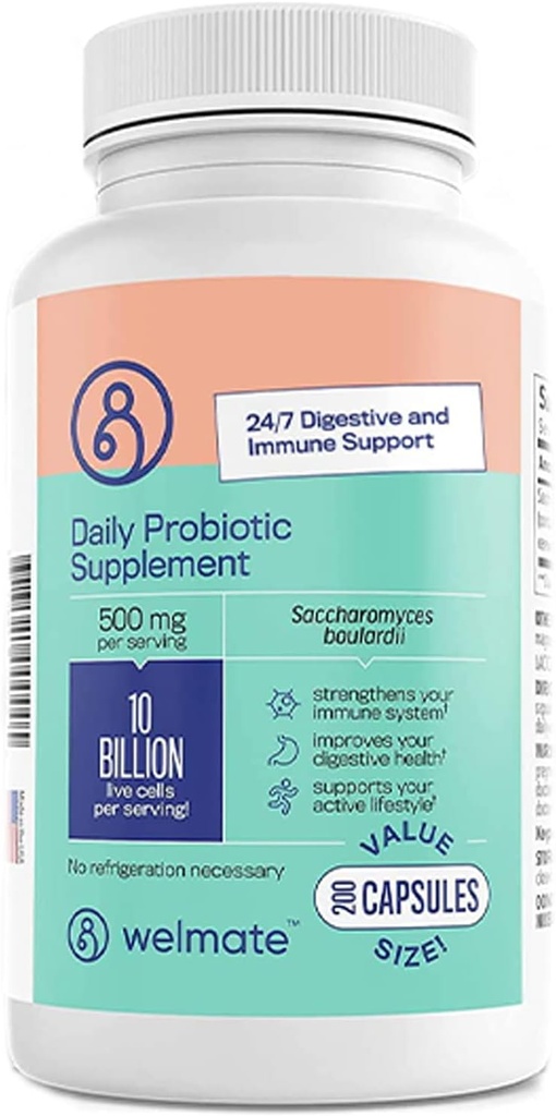 WELMATE Saccharomyces Boulardii.com Supplément probiotique quotidien de 10 milliards de CFU.U. Immmune Support Digestif Santé Vegan.Organique Sans gluten.