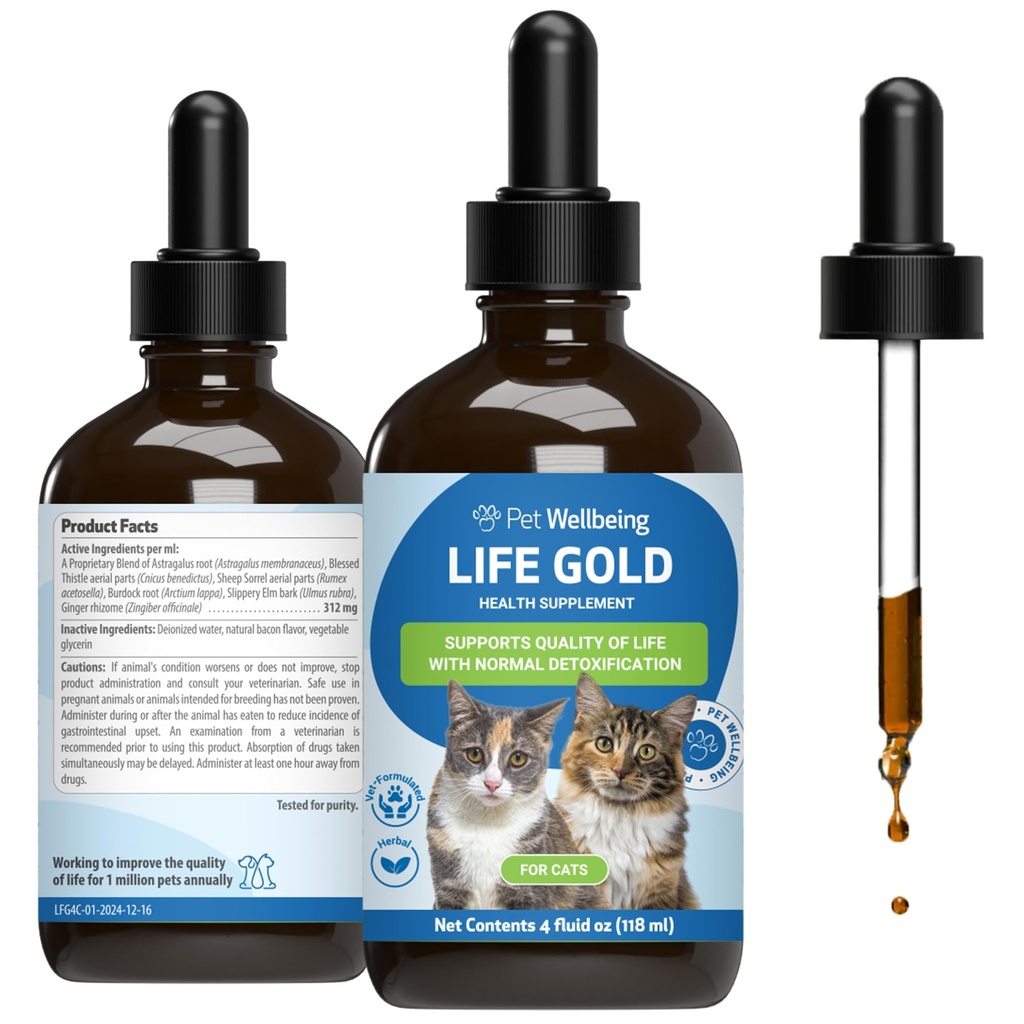 Pet Wellbeing Life Gold für Katzen - unterstützt Entgiftung, Immunsystem Gesundheit, Antioxidantien - Vet-Formulierte Kräuterergänzung – 4 oz (118 ml)