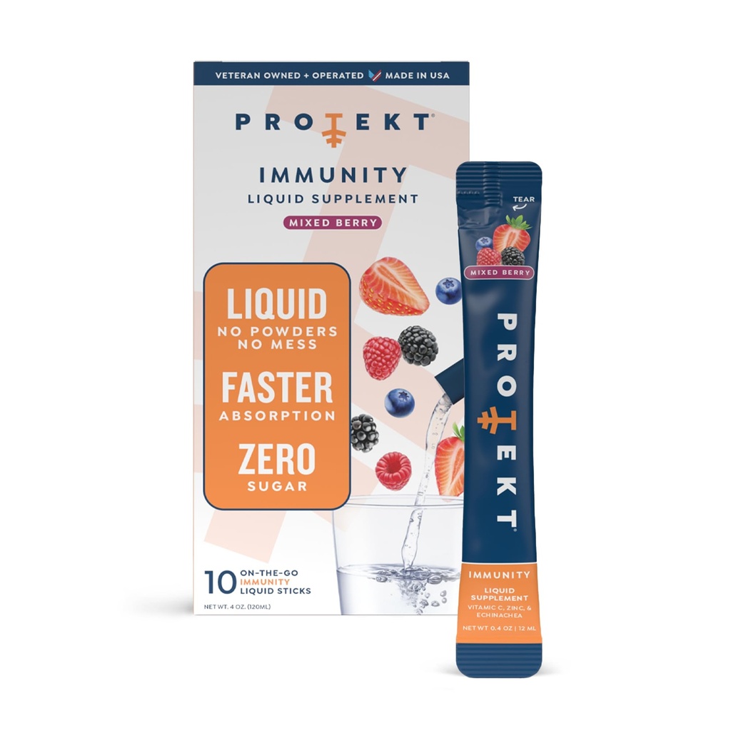 PROTEKT Flüssige Immununterstützungsergänzung - Flüssige Getränkemischung, Immunitätsergänzung, Immun Booster für Erwachsene, Sugar-Free mit Vitamin C und Zink Immunität Unterstützung - Gemischte Berry 10ct