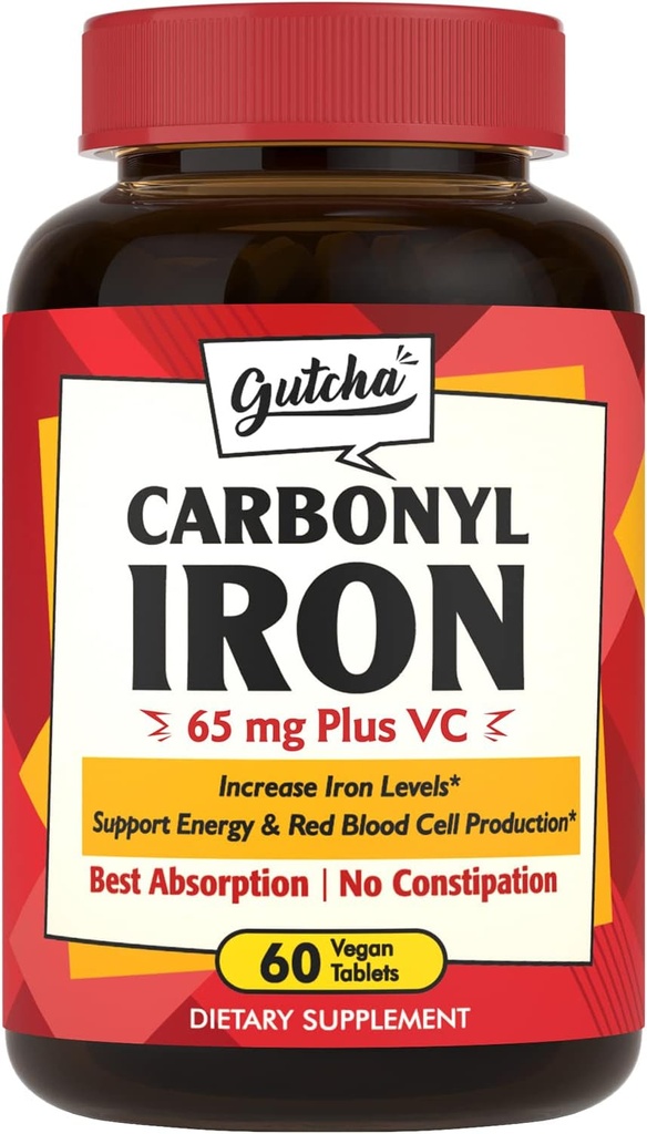 Eisen-Ergänzung, 65 mg Carbonyl Iron Plus Vitamin C, Energie & Blut-Unterstützung für Frauen & Männer, bessere Absorption, Gentle on The Stomach, keine Übelkeit, keine Verstopfung, Vegan, Non-GMO, 60 Ct