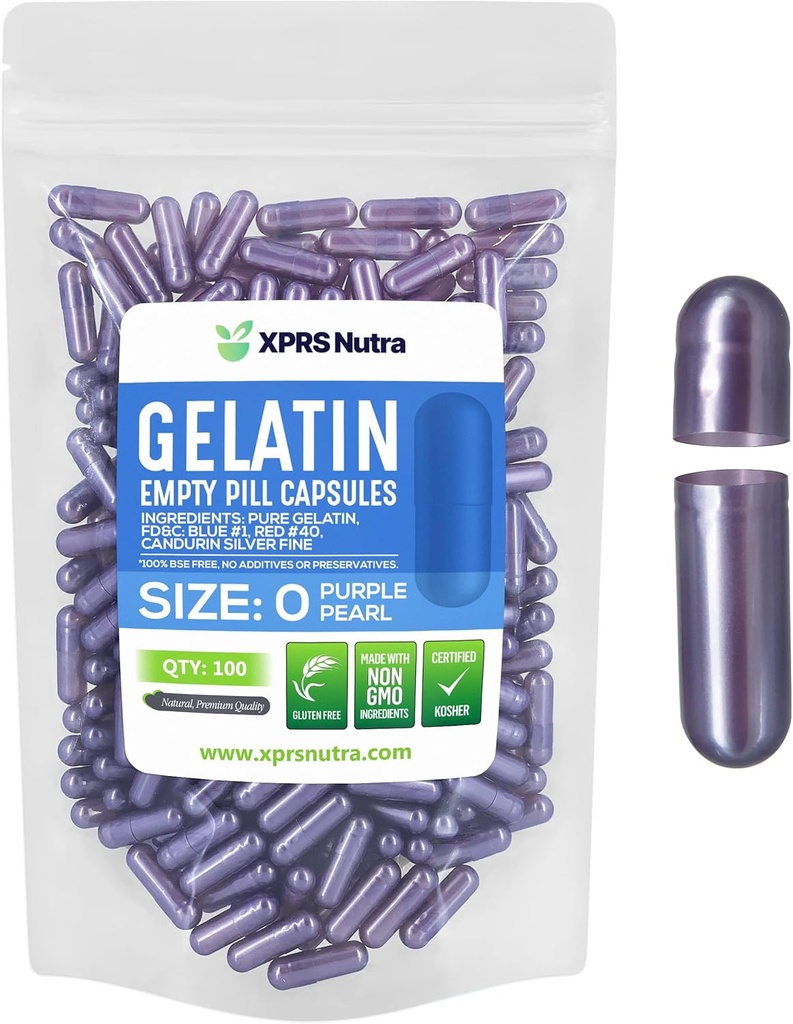 XPRS Nutra Größe 0 Leere Kapseln - 100 Graf Leere Gelatine Kapseln - Pillen für DIY Kapselfüllung - Pure Bovine Pille Gel Kapseln für Do-It-Yourself Ergänzungen (Pearl Purple)