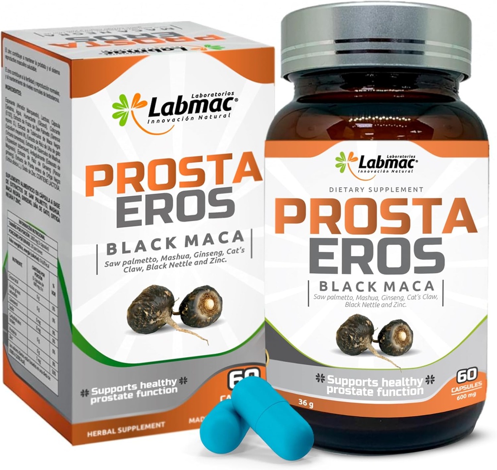 ProstaEros- Prostate Support Supplement - 7 natürliche Zutaten- Schwarze Maca, Saw Palmetto, Mashua, Cat's Claw, Gingseg, Black Nettle und Zink. Kapseln 60 Zähler (Pack von 1)