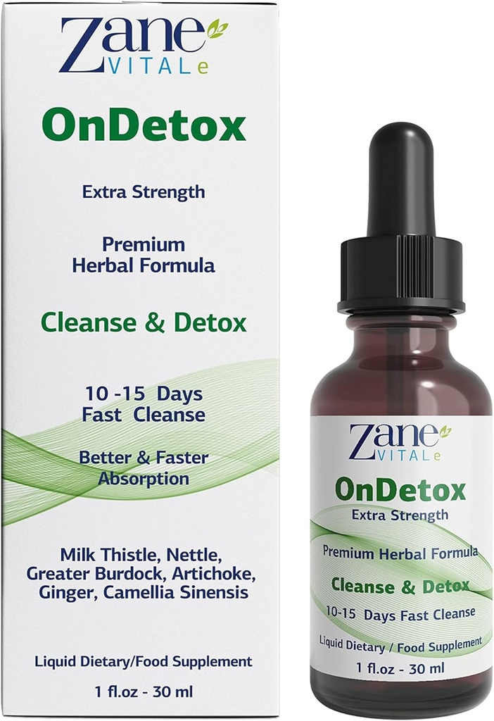 Zane OnDetox │10 – 15 Tage Schnelle Reinigung und Unterstützung | Detox & Reparatur-Ergänzung mit Milchdistel, Nettle, Greater Burdock, Artichoke & More | Vegan | Non-GMO | Gluten-Free | 1 Fl Oz.- 30ml